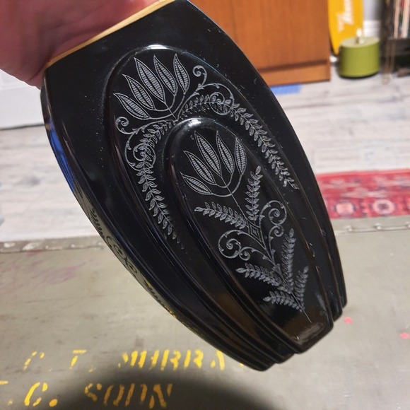 Antique Fostoria Black Ebony Glass Etched Fern Gold Trim Vintage Art Deco Vase - Picture 12 of 12